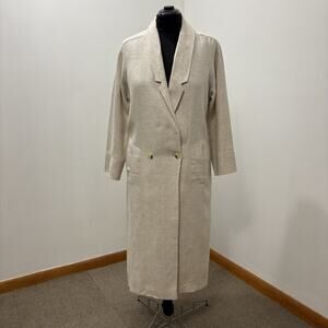 Vintage 90s Ann Taylor Oatmeal Linen Long Coat Trench Jacket Size 16